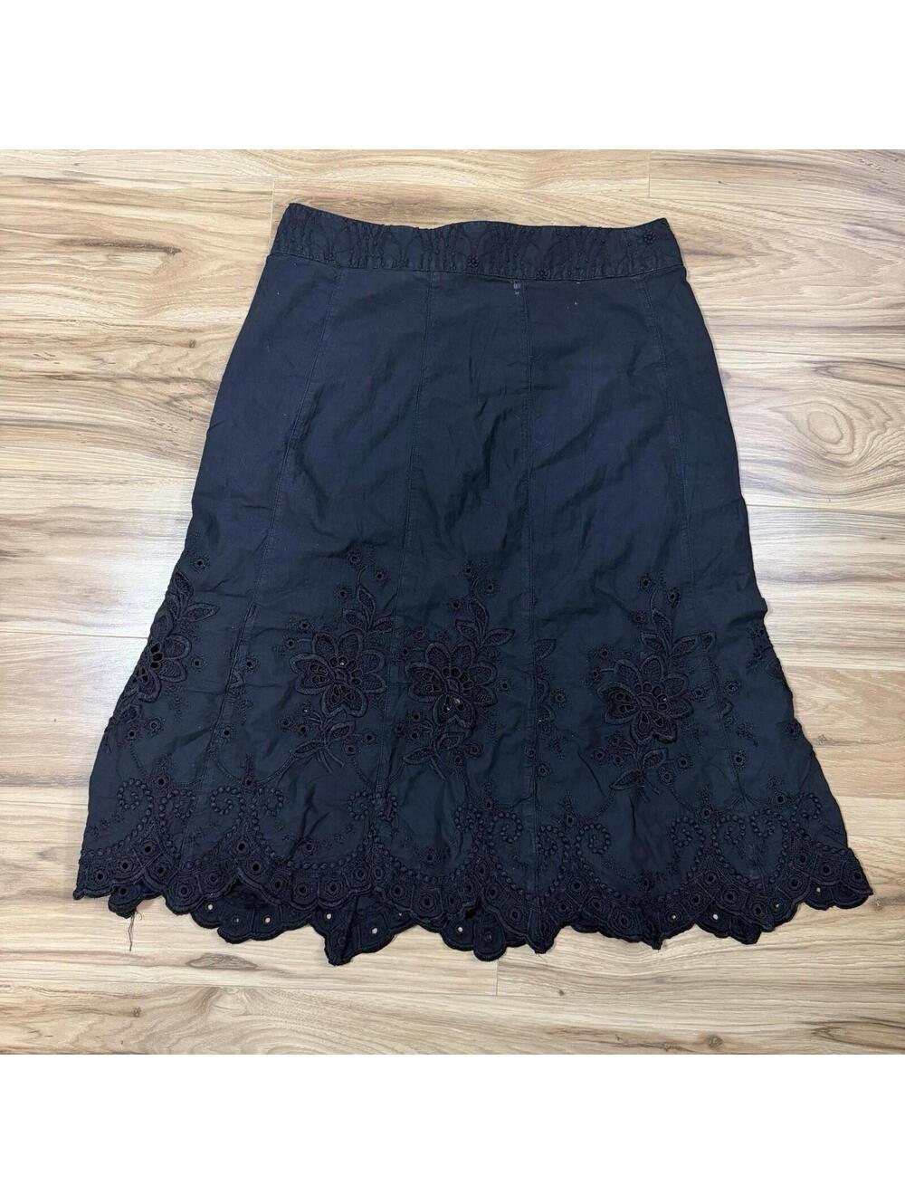 Burning Torch Black Eyelet Embroidered A-Line Midi Skirt Boho Cottagecore S